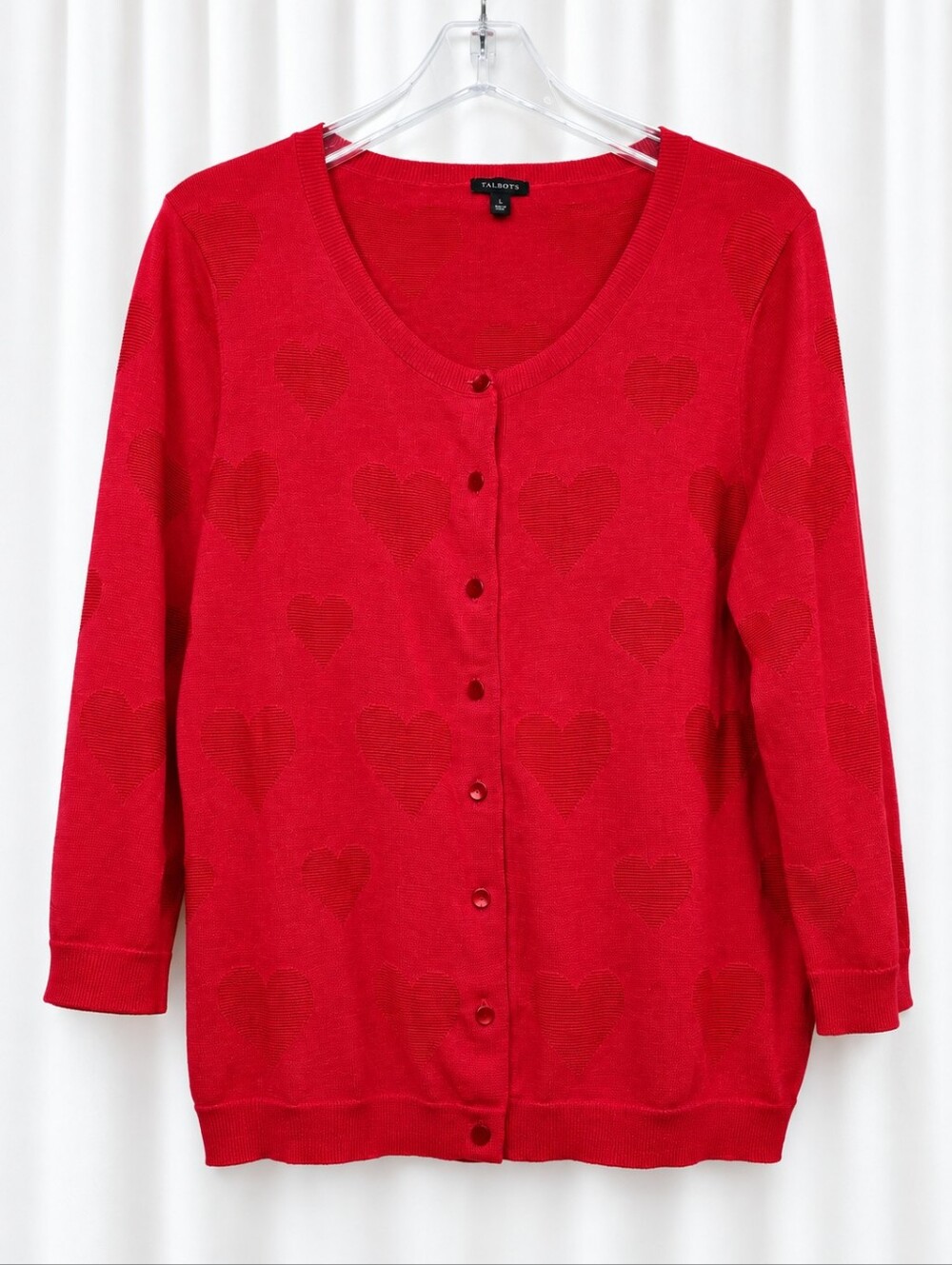 Talbots Red Heart Texture Knit Polka Dot Trim 3/4 Sleeve Romantic Preppy Sweater
